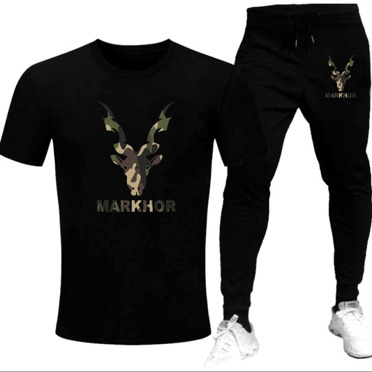 Black Camouflage Markhor Printed Tracksuit For Men - Soft & Comfy Fabric Tshirt & Trouser Commando Printed Tracksuit